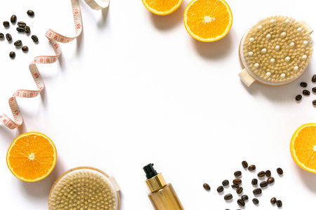 Frame of anti-cellulite care products. Dry massage brushes and oil on white background, space for text.の写真素材