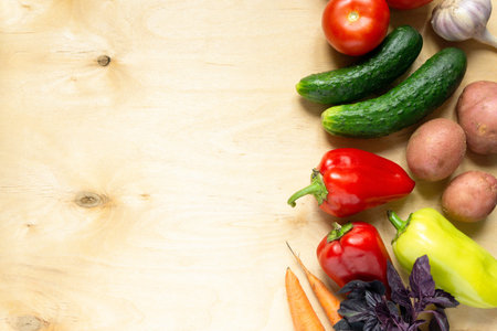 Various vegetables and herbs on light wooden background. Space for textの写真素材