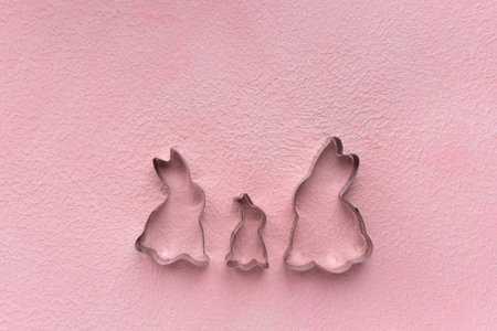 Easter cookie cutters in the shape of bunny on pink background, top viewの写真素材