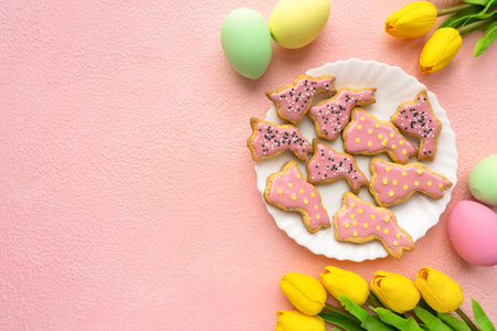 Homemade easter cookies in the shape of bunnies with icing and sprinkles on pink background, space...