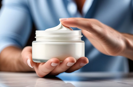 Male hands holding jar of moisturizer cream on light backgroundの素材