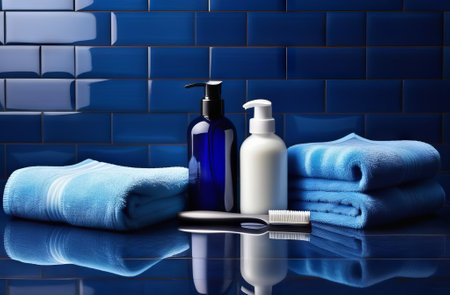Terry towels, bottles of shower gels and brush on tiled blue backgroundの素材
