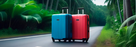 Two colored suitcases stand on road against the background of jungle, space for textの素材