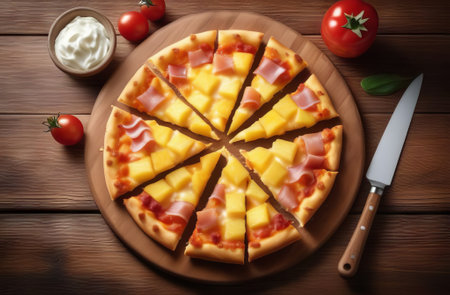 Pizza with pineapples, ham and cheese on wooden background, top viewの素材