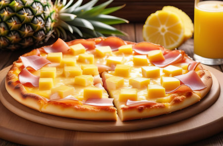 Pizza with pineapples, ham and cheese on wooden boardの素材
