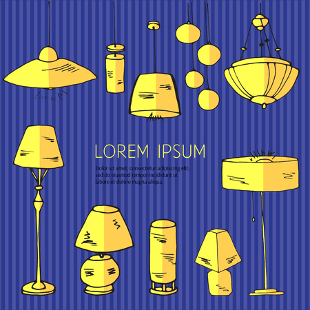 A set of vector chandeliers, household lamps and floor lamps. Isolated hand drawn lamps for your design.のイラスト素材