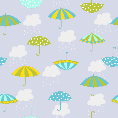 Vector autumn seamless pattern with hand drawn umbrellas, clouds and rain. Can be used for background, card template, fabric print, scrapbookのイラスト素材