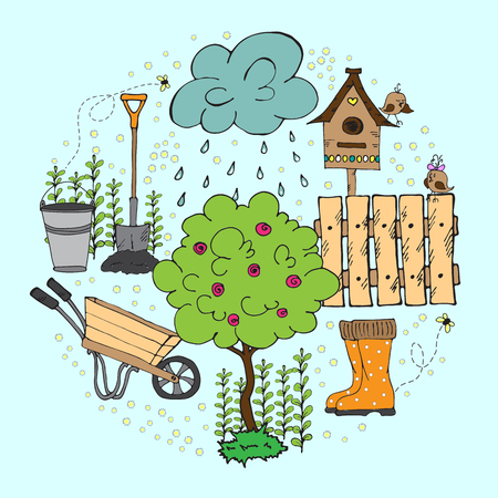 Collection of vector doodle sketch garden elementsのイラスト素材