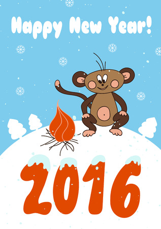 Winter holiday card template with monkey, a symbol of Chinese New Year 2016. For greeting cards, invitations, calendars, scrap booking, New Years and Christmas designs.のイラスト素材