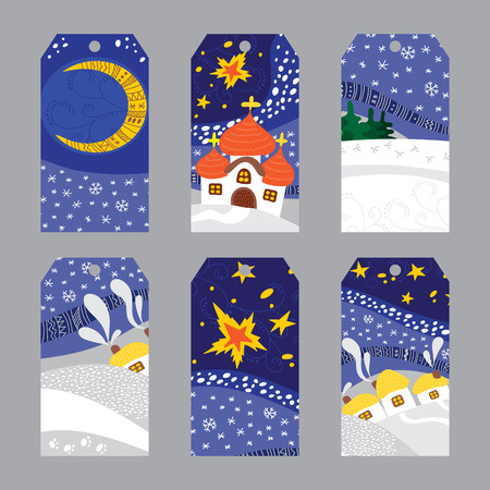 Set of Christmas tags. Winter label cards, night landscape of snowy village. For Christmas and New Year greeting cards, invitations, gifts decoration, sales design, scrapbooking and other.のイラスト素材