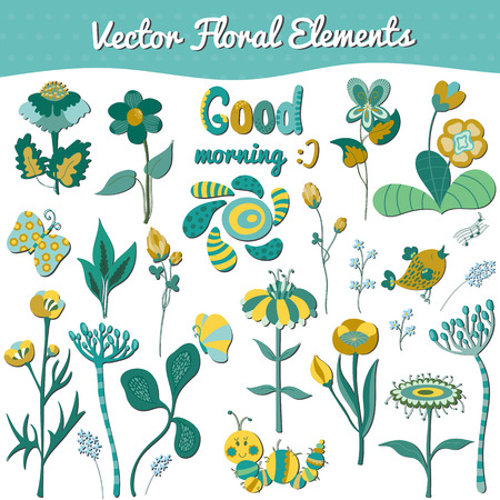 Cute vector set of spring floral elements and funny animals for greeting cards, baby shower design, notes, brochures, tags and labels, invitations, backgrounds, scrapbooking, calendars, etc.のイラスト素材