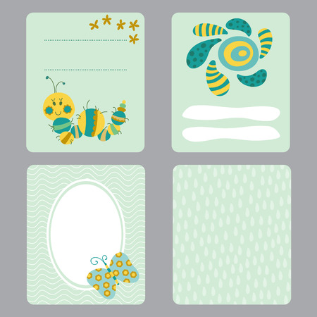 Cute set of printable templates for greeting cards design, baby shower, notes, brochures, tags and labels, invitations etc. Cartoon animals and floral backgrounds with a place for text.のイラスト素材