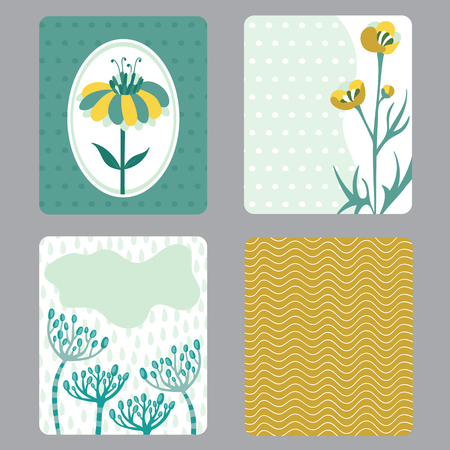 Cute set of printable templates for greeting cards design, baby shower, notes, brochures, tags and labels, invitations etc. Cartoon animals and floral backgrounds with a place for text.のイラスト素材