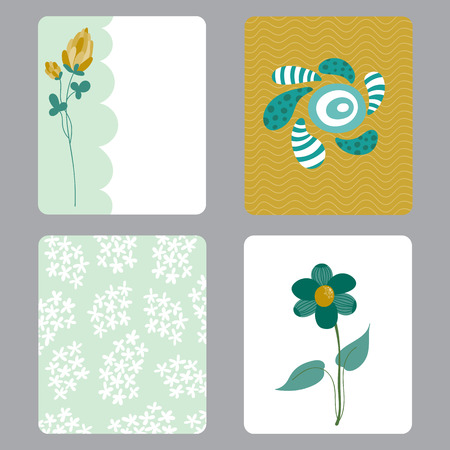 Cute set of printable templates for greeting cards design, baby shower, notes, brochures, tags and labels, invitations etc. Cartoon animals and floral backgrounds with a place for text.のイラスト素材