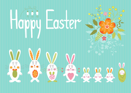 Cute vector Easter card template with funny bunnies and flowers. Colorful spring background. For greeting cards, brochures, tags and labels, invitations, scrapbooking, calendars, etc.のイラスト素材