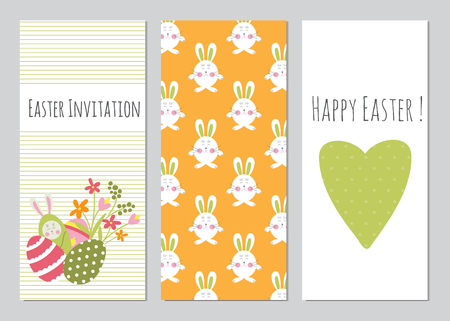 Vector set of vertical banner templates. Colorful spring printable cards with funny bunnies and flowers. For Easter greeting cards, invitations, stationery, posters  and party designs.のイラスト素材