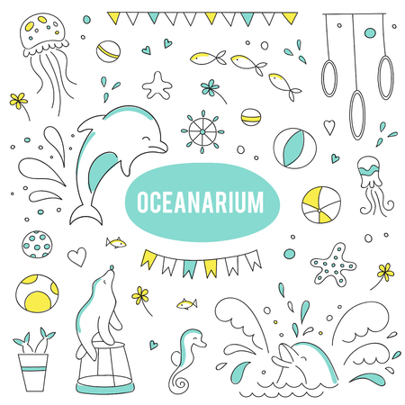 set of elements suitable for oceanarium or dolphinariumのイラスト素材