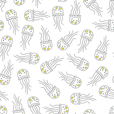 Vector seamless pattern with jellyfish. Sea background. For fabric, greeting cards, travel brochures, souvenir production, wallpaper and surface textures, scrapbooking.のイラスト素材