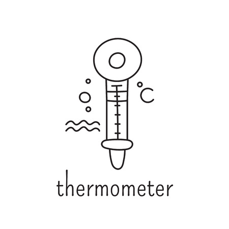 Hand drawn thin line icon, vector  template illustration. Aquarium care isolated symbol. Water thermometer. Black on white pictogram. Simple mono linear modern design.のイラスト素材