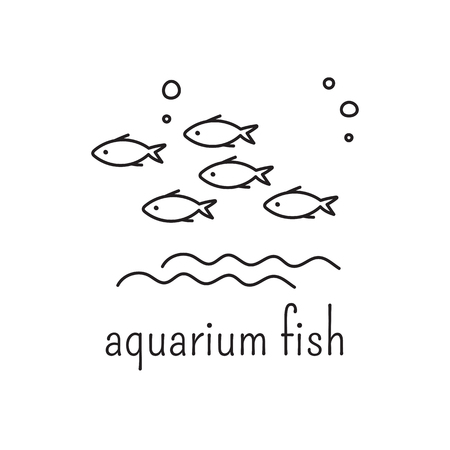 Hand drawn thin line icon,  logo template illustration. Aquarium care isolated symbol. Flock of fish. Black on white pictogram. Simple mono linear modern design.のイラスト素材