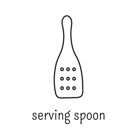 Hand drawn thin line icon,  logo template illustration. Serving spoon isolated symbol. Black on white pictogram. Simple mono linear modern design.のイラスト素材