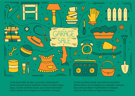 Garage sale, household used goods. Hand drawn line elements.  horizontal banner template. Doodle background. For banners and posters, cards, brochures, invitations, website designs.のイラスト素材