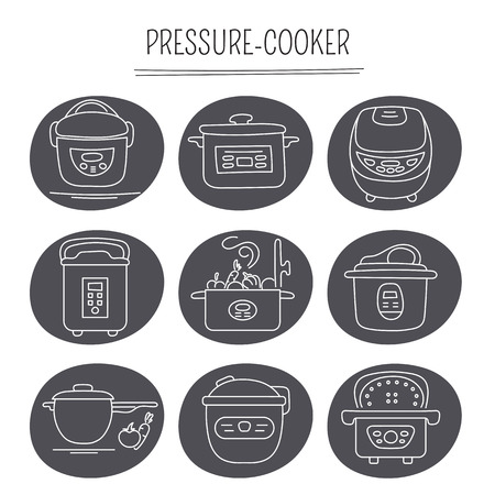 Hand drawn thin line icons set, illustration. Pressure cookers. Isolated symbols. White on black pictograms. Simple mono linear modern design.のイラスト素材
