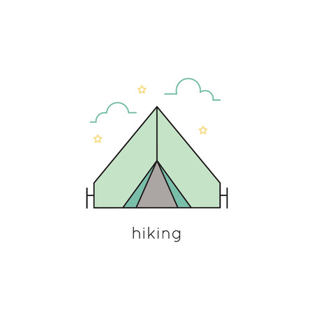 Tent vector thin line icon. Isolated symbol. Logo template for hiking or camping tour, element for travel agency products, tour brochure, excursion banner. Simple mono linear modern design.のイラスト素材