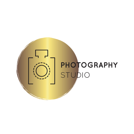 Vector thin line icon, camera silhouette. Logo template illustration for photographer, photography studio, shop or school. Isolated symbol. Simple mono linear modern design with golden foil.のイラスト素材
