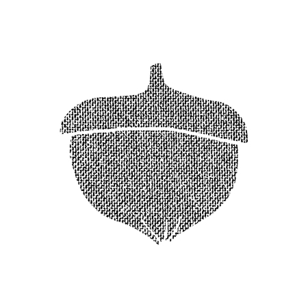 Vector textured acorn, stylized imprint on fabric. Black on white isolated element for holiday cards or stamp brushes creating. It will bring depth and vintage texture to any work.のイラスト素材