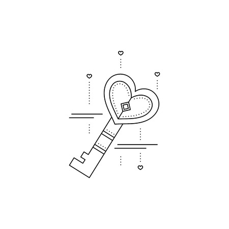 Vector thin line icon, key in the shape of heart. Valentine's Day, feelings of romance and love. Black on white pictogram, isolated symbol. Simple mono linear modern design.のイラスト素材
