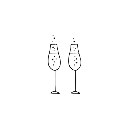 Vector hand drawn objects, glasses of champagne. Feminine logo element, romantic clipart. For restaurant, catering, wedding planning, business branding and identity. Black on white isolated symbol.のイラスト素材