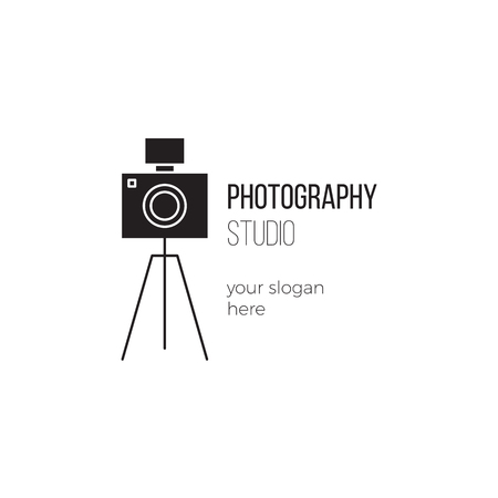 Vector thin line icon, camera silhouette. Logo template illustration for photographer, photography studio, shop or school. Black on white isolated symbol. Simple modern design.のイラスト素材