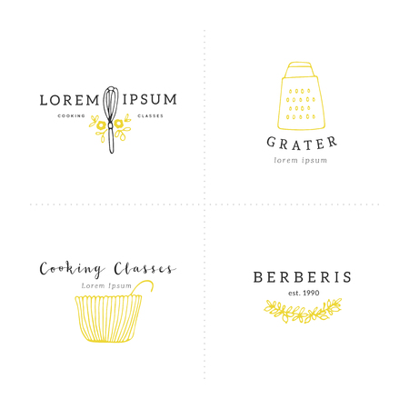 Set of vector hand drawn colored logo templates. Kitchen and food theme. Isolated symbols for business identity and branding, for grocery stores and cooking classes, for food blogs and websites.のイラスト素材