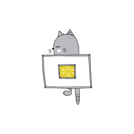 Vector hand drawn isolated element, sleepy kitten under the blanket. Cute character. Simple modern design, Scandinavian style. For kids fashion, room decoration, wall art. Part of a large collectionのイラスト素材