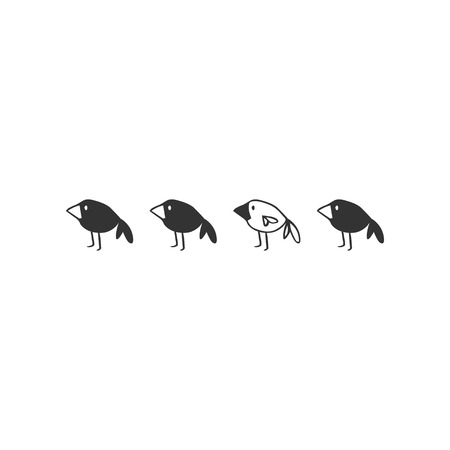 A white crow among black birds, symbol of extraordinary personality. Vector hand drawn icon.のイラスト素材