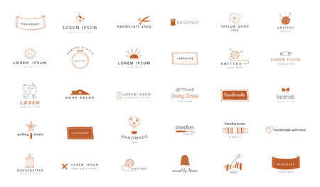 Hand drawn colored isolated elements. Vector set of handmade logo templates. . Handwork theme. For business identity and branding, for blogs and websites, for authors of handicraft products.のイラスト素材