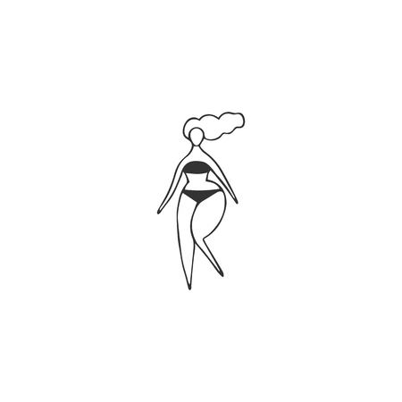 Plus size concept, body positive. Overweight woman in underwear. Vector hand drawn icon. Perfect for resources devoted to the harmony with your body and large-size clothing stores.のイラスト素材