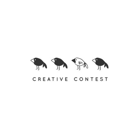 A white crow among black birds, symbol of extraordinary personality. Vector hand drawn minimal logo template. For business identity and branding, for blogs and websites.のイラスト素材