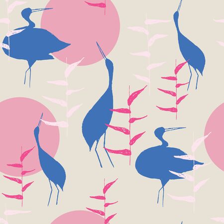 Florals and cranes at sunset. Japanese traditional surface design. Vector seamless hand drawn pattern. For fabric prints, textile, wrapping paper.のイラスト素材