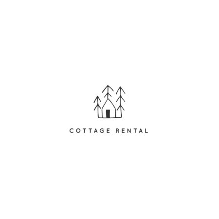 Hand drawn vector logo template, a house in a forest among the trees. Property rental theme.のイラスト素材