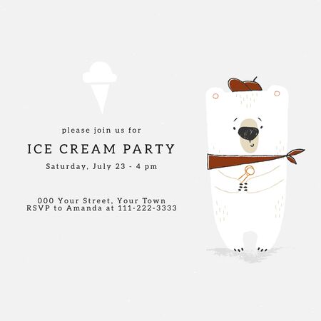 Vector ice Cream party invitation template with hand drawn illustration of little polar bear with big ice-cream.のイラスト素材