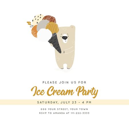 Ice Cream party template with vector hand drawn illustration. Cute little polar bear with big ice-cream.のイラスト素材