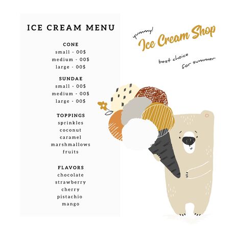 A menu template for shop or cafe with vector illustration of hand drawn little polar bear holding ice-cream.のイラスト素材