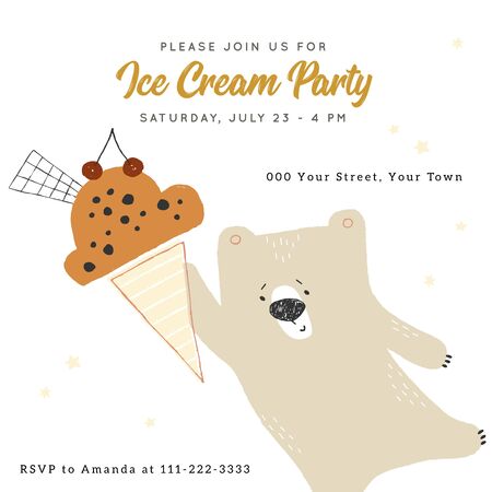 Vector ice cream party invitation template with hand drawn illustration. Little cute polar bear with ice-cream.のイラスト素材