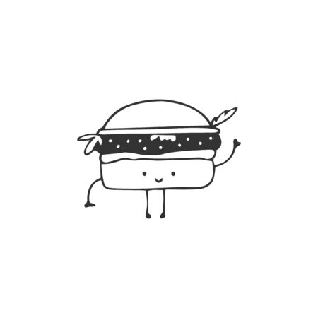 Hand drawn vector burger icon, cute character. Fast food cafe delivery service  element.のイラスト素材