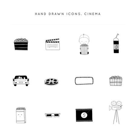 Cinema isolated objects, cinematography illustrations and logo elements. Set of vector hand drawn icons.のイラスト素材