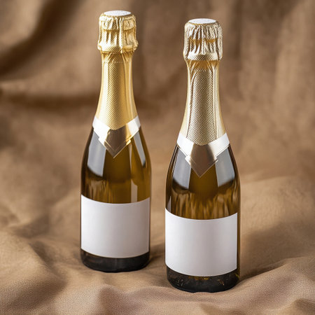 Pair of mini champagne bottles mockup with blank white labels on a craft rustic background.の素材