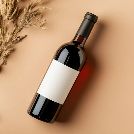 A red wine bottle with a blank white label, presented in a rustic setting. Perfect for product packaging, branding, and marketing visuals. AI-generated.の素材