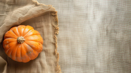 Decorative pumpkins on burlap fabric with cozy autumn mood. Ideal background for halloween, thanksgiving, fall design, and seasonal celebration. AI-generated.の素材